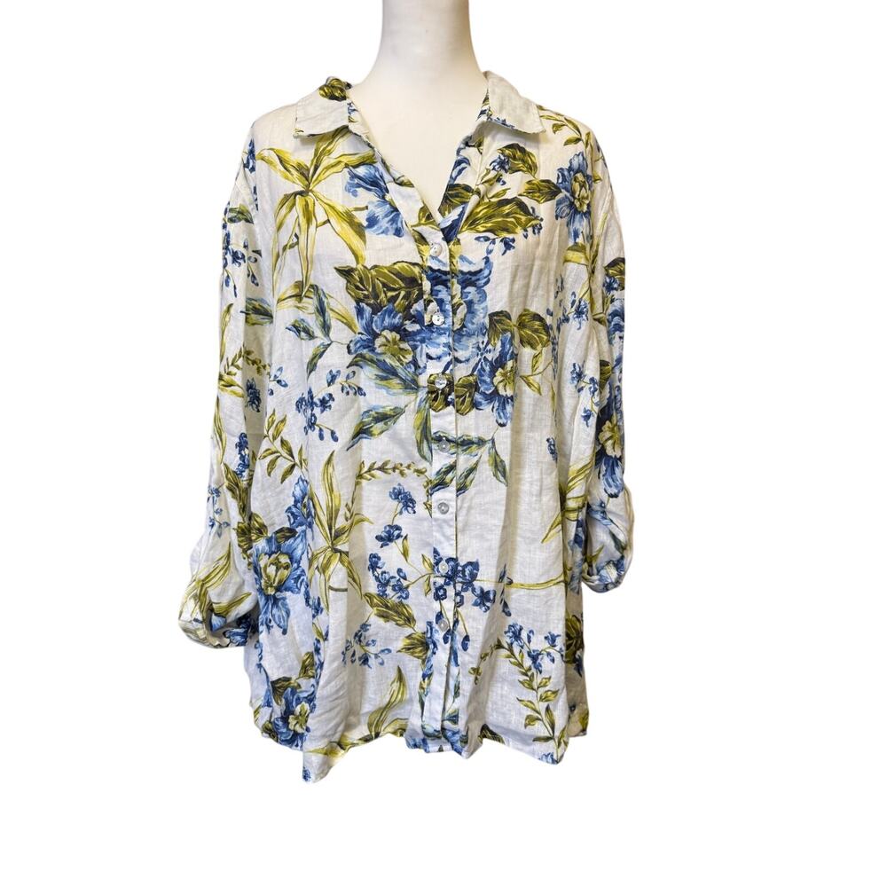 Joie 100% LINEN button up tropical print shirt womens 3x
